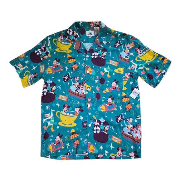 Disney Shirt Mens Small Teal Button Up Mickey And Friends Play In The Park NWT - Picture 1 of 6